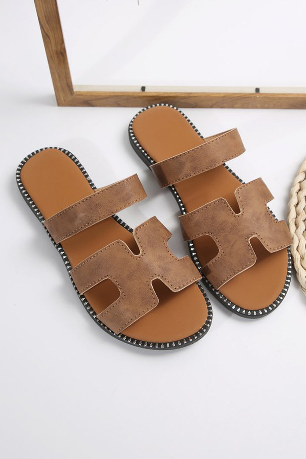 Cut Out H Shape Band PU Leather Slippers