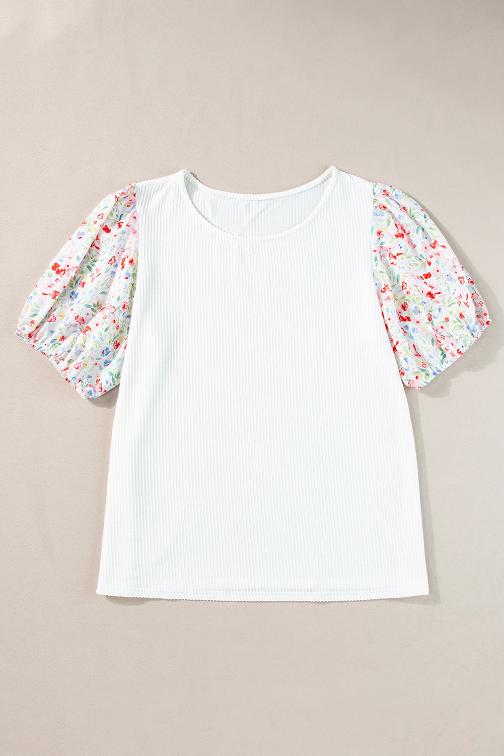 White Contrast Floral Puff Sleeve Ribbed Knit Plus Size Blouse