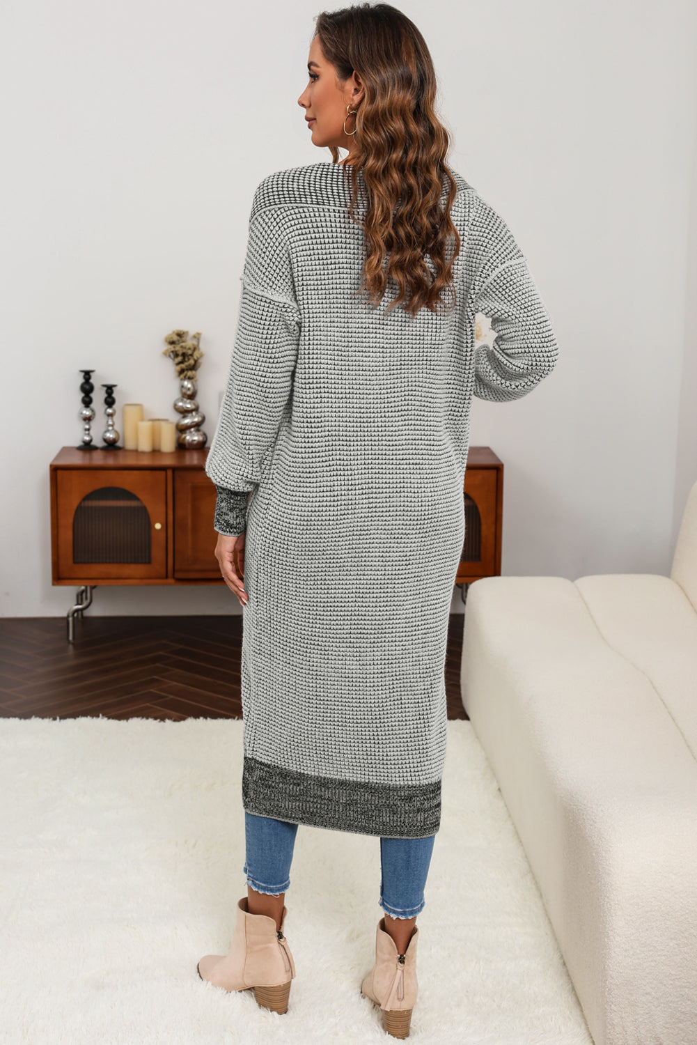 Plaid Knitted Long Open Front Cardigan