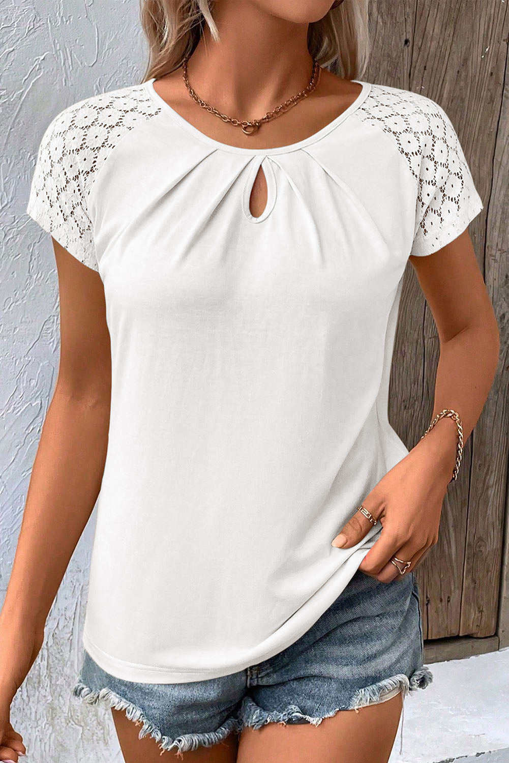 Lace Sleeve Keyhole Decor Top