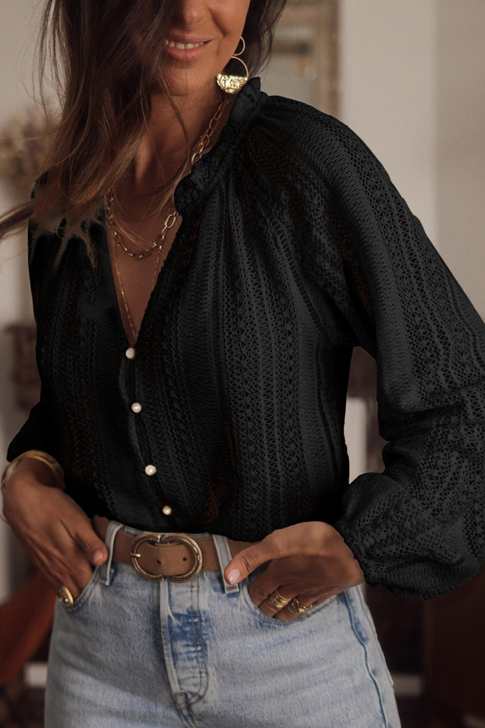 Purple V-Neck Long Sleeve Button Up Lace Shirt