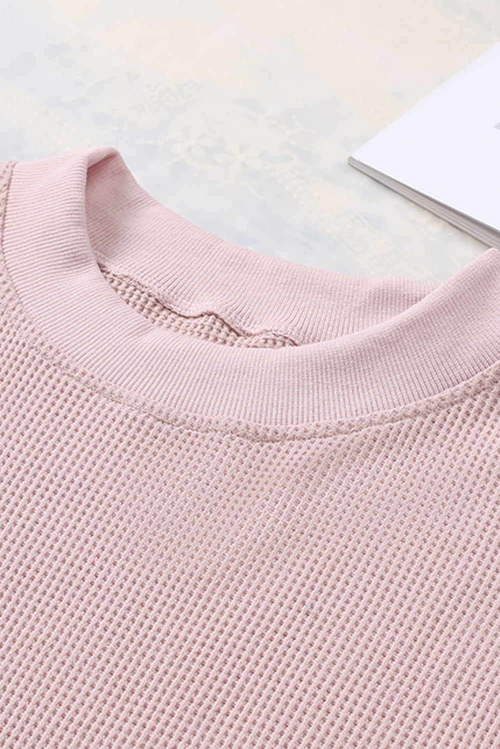 Apricot Crew Neck Ribbed Trim Waffle Knit Top