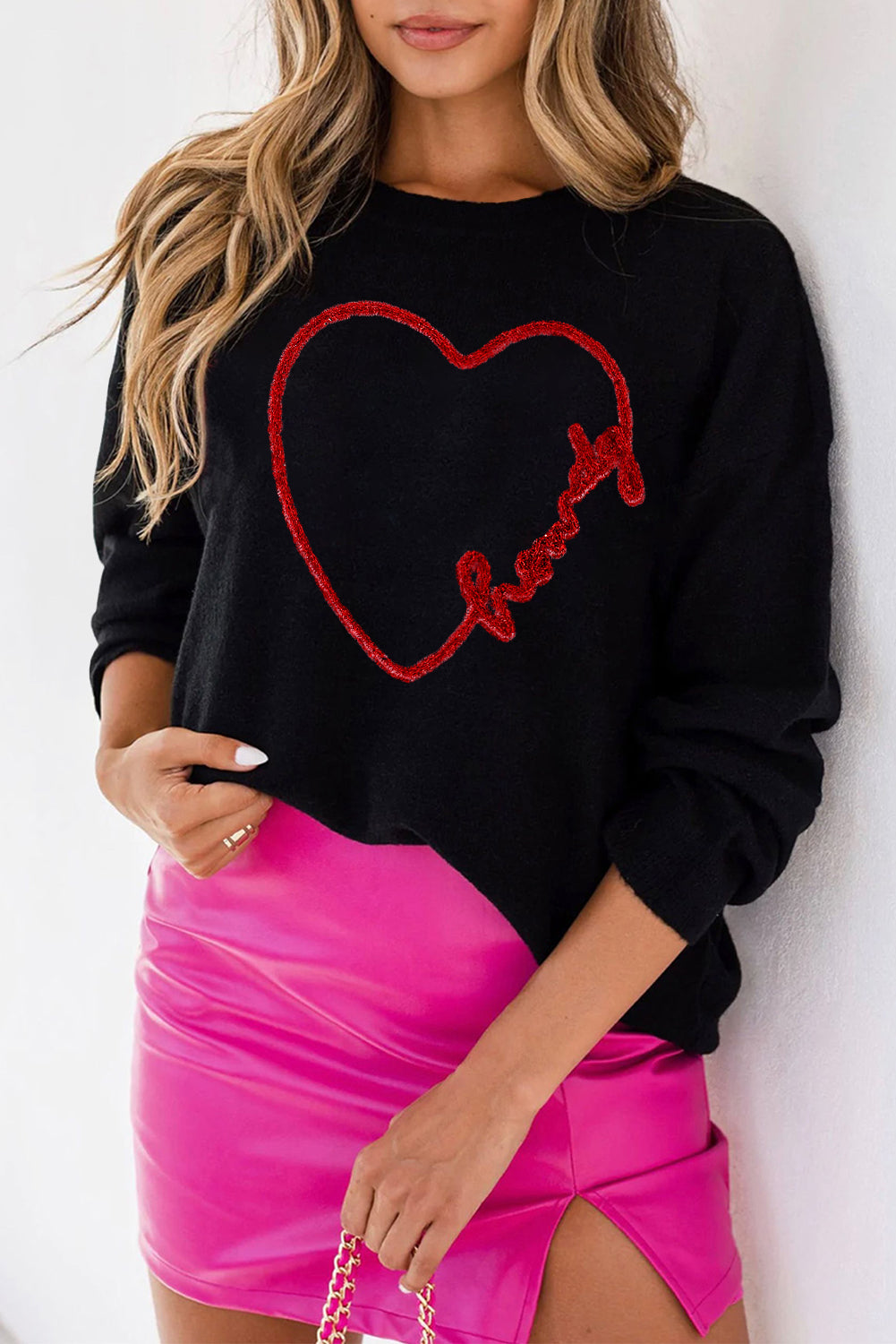 Pink Howdy Heart Graphic Round Neck Casual Sweater