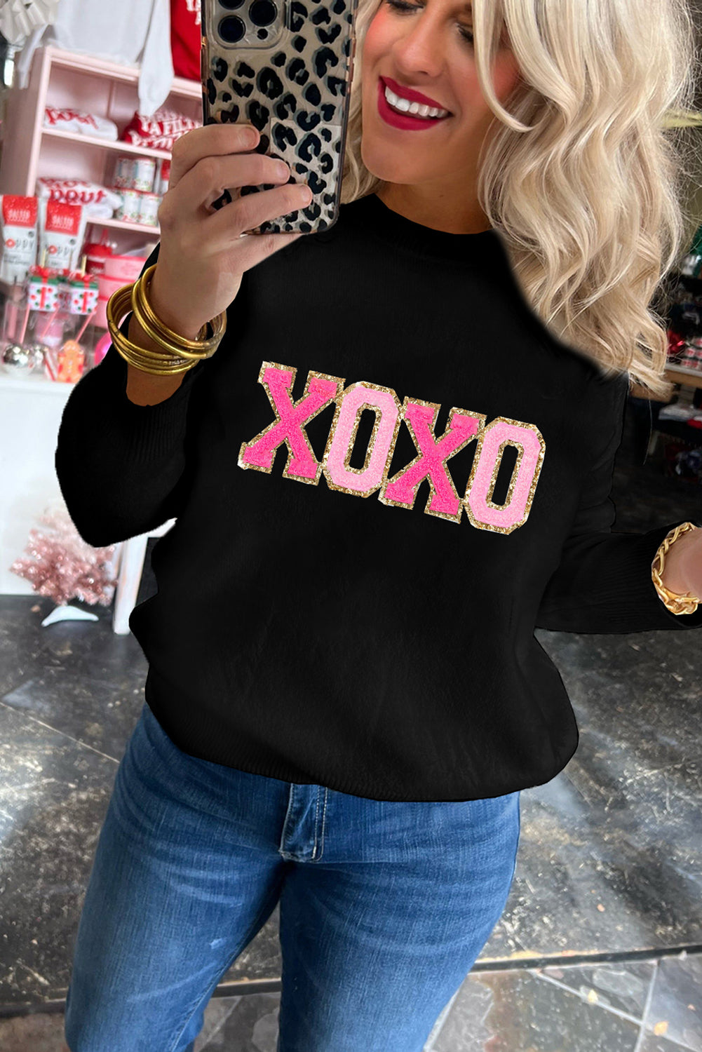 Pink Howdy Heart Graphic Round Neck Casual Sweater