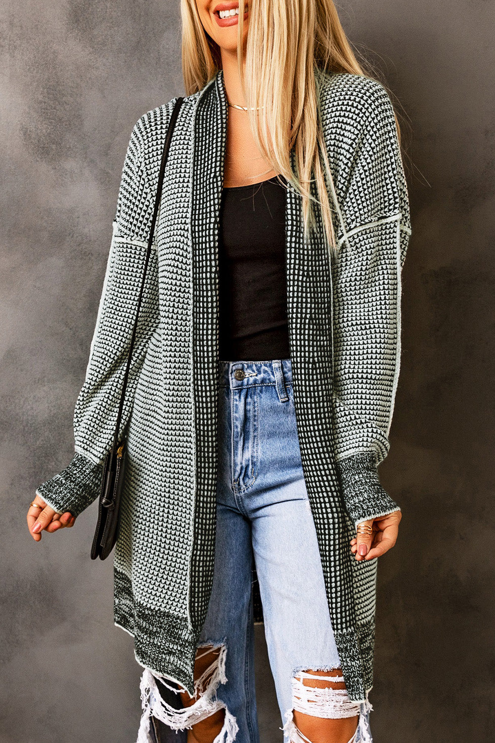 Plaid Knitted Long Open Front Cardigan