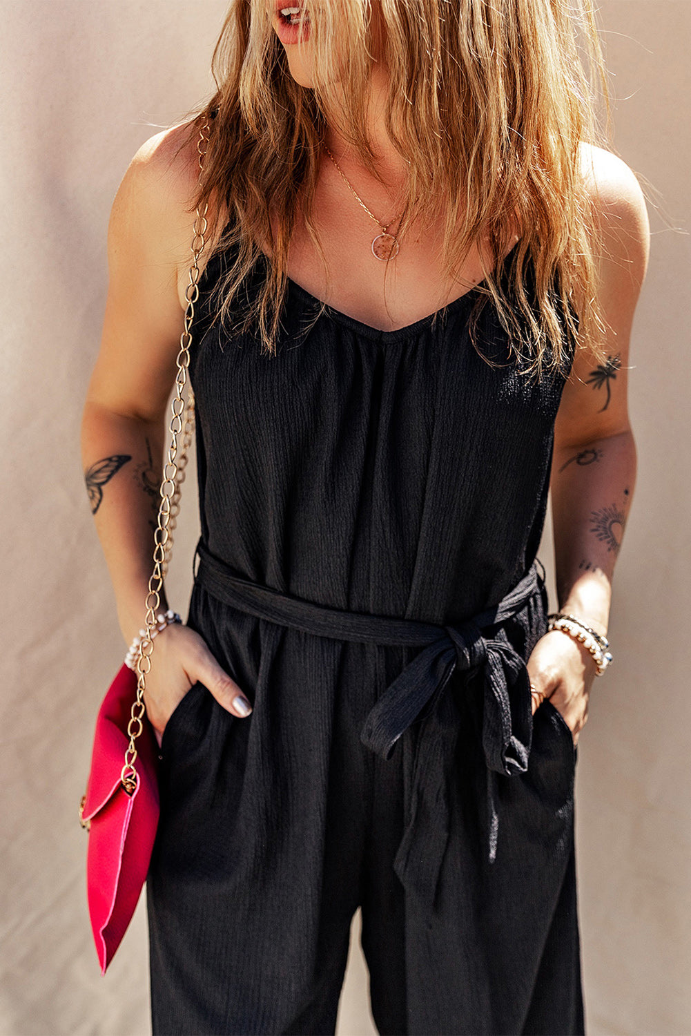 Black Textured Belted Wide Leg Sleeveless Jumpsuit