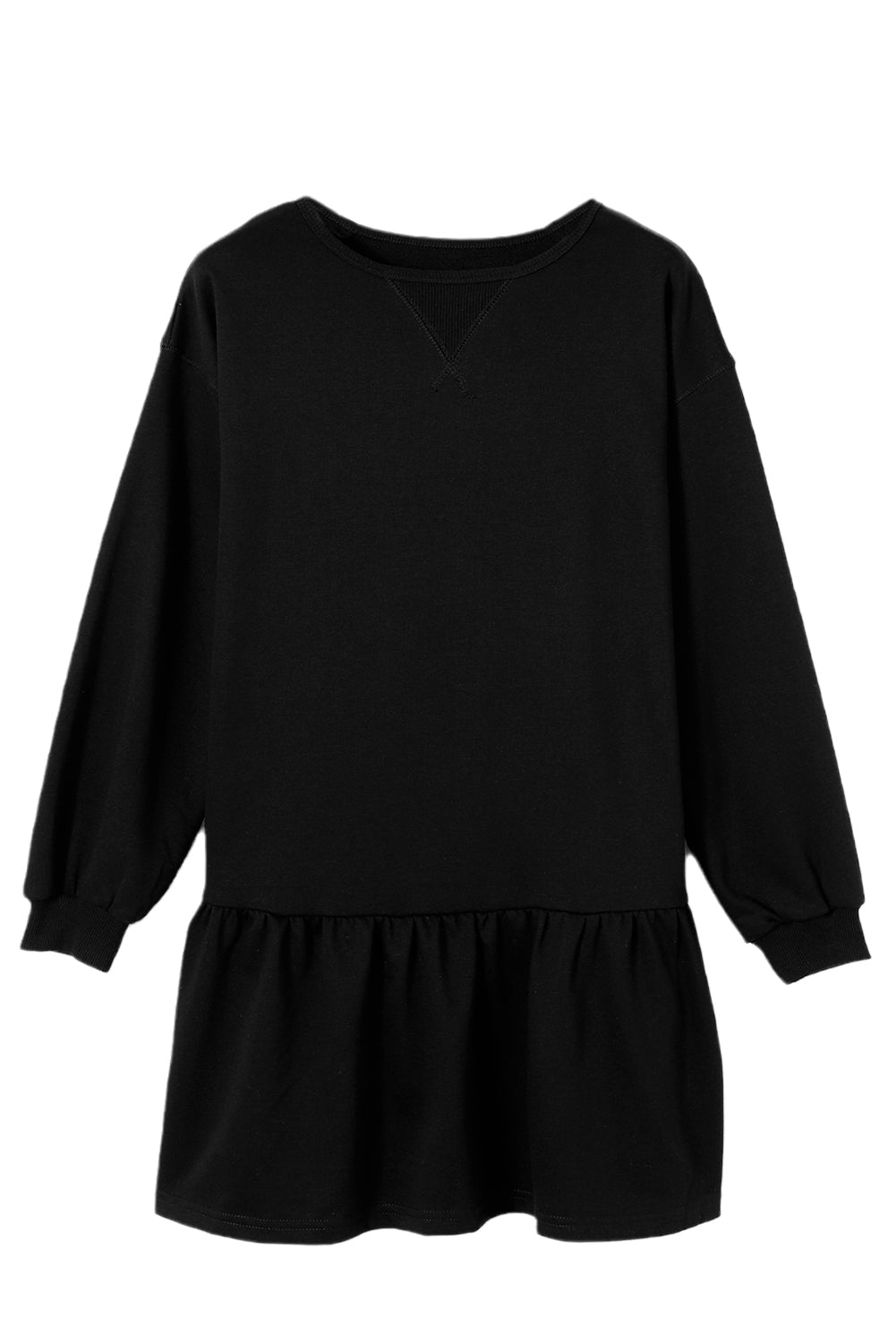 Black Solid Color Puff Sleeve Ruffle Hem Mini Dress