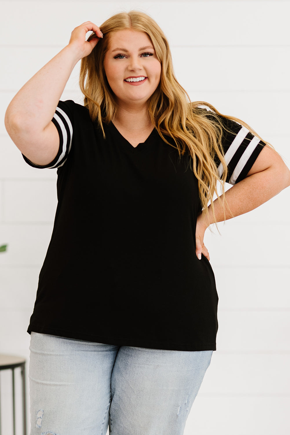 Plus Size Stripes Stitching Sleeve V Neck T-shirt