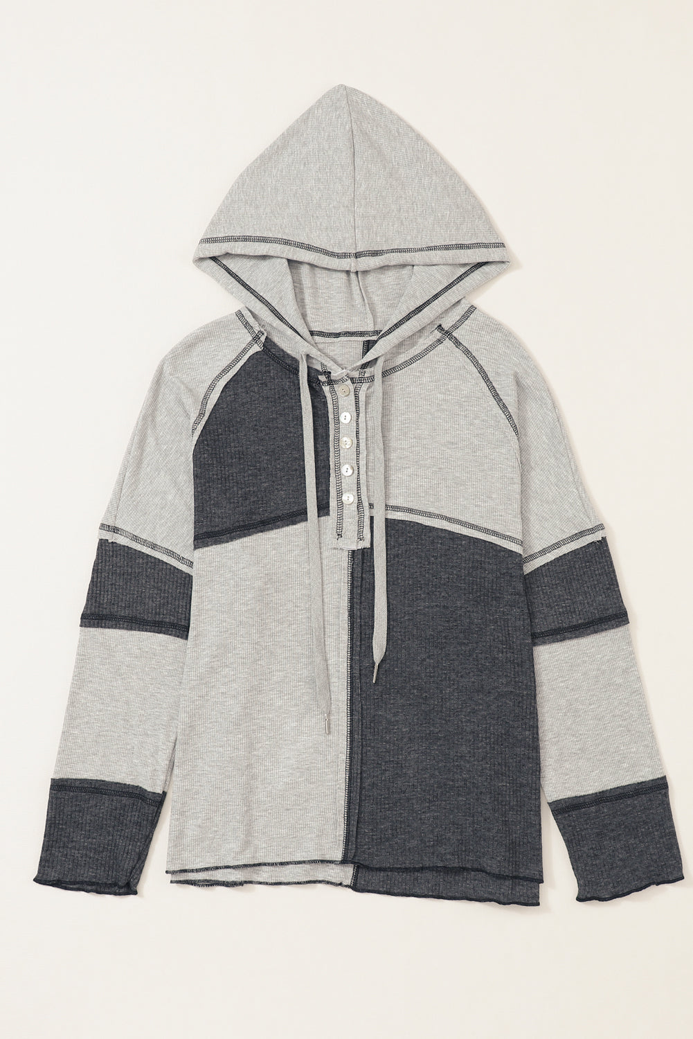 Colorblock Seamed Ribbed Henley Hoodie