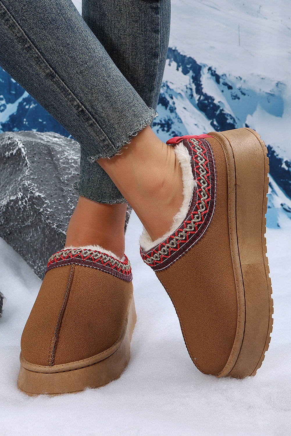 Suede Contrast Print Plush Lined Snow Boots