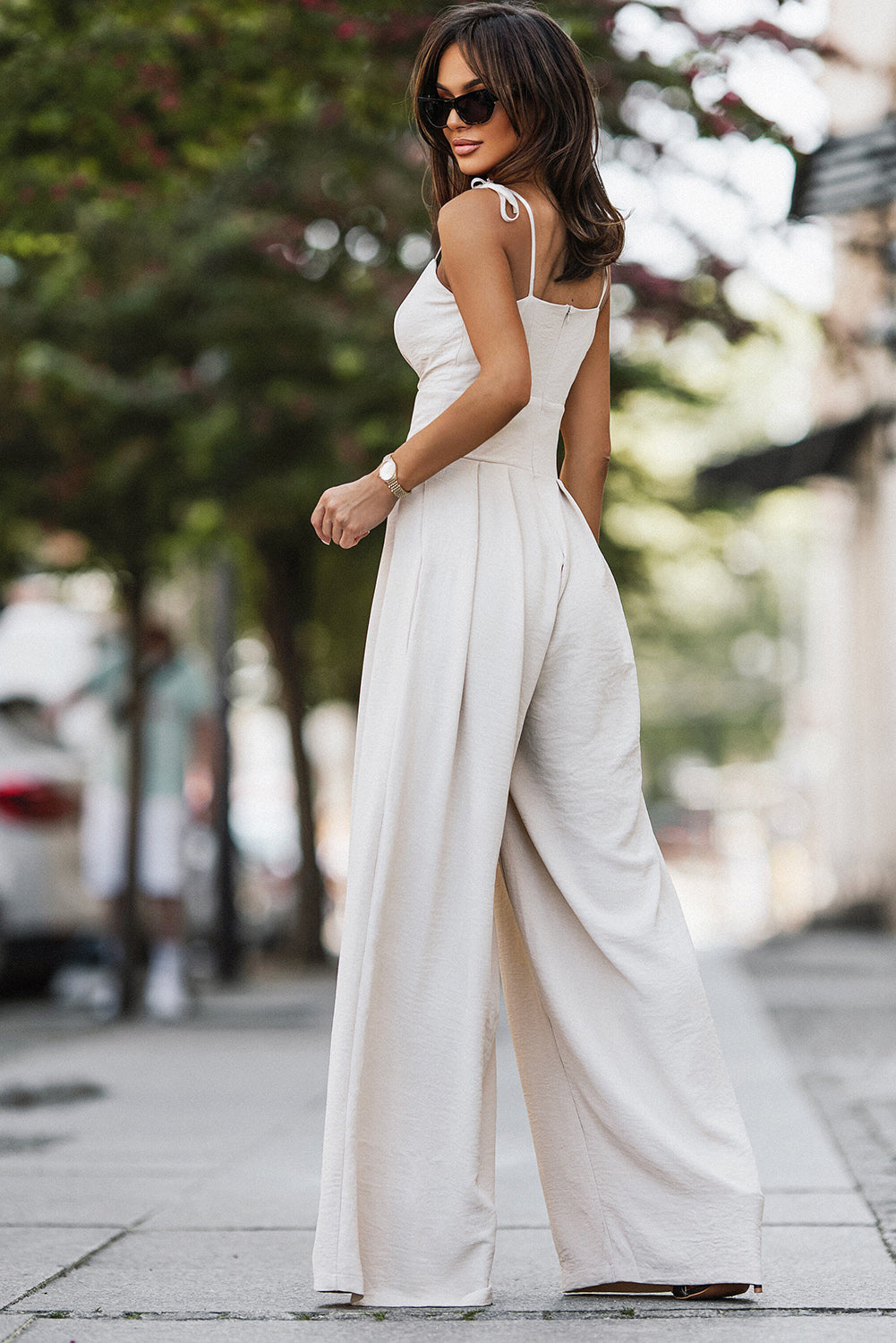 Beige Spaghetti Straps Pleated High Waist Wide Leg Jumpsuit