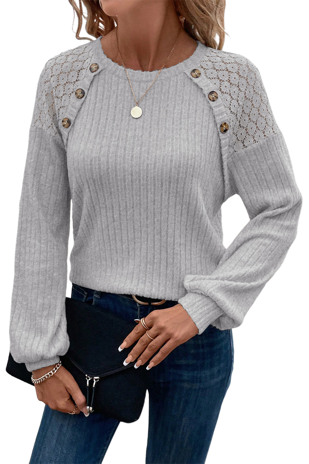 Parchment Contrast Lace Raglan Sleeve Buttoned Ribbed Top