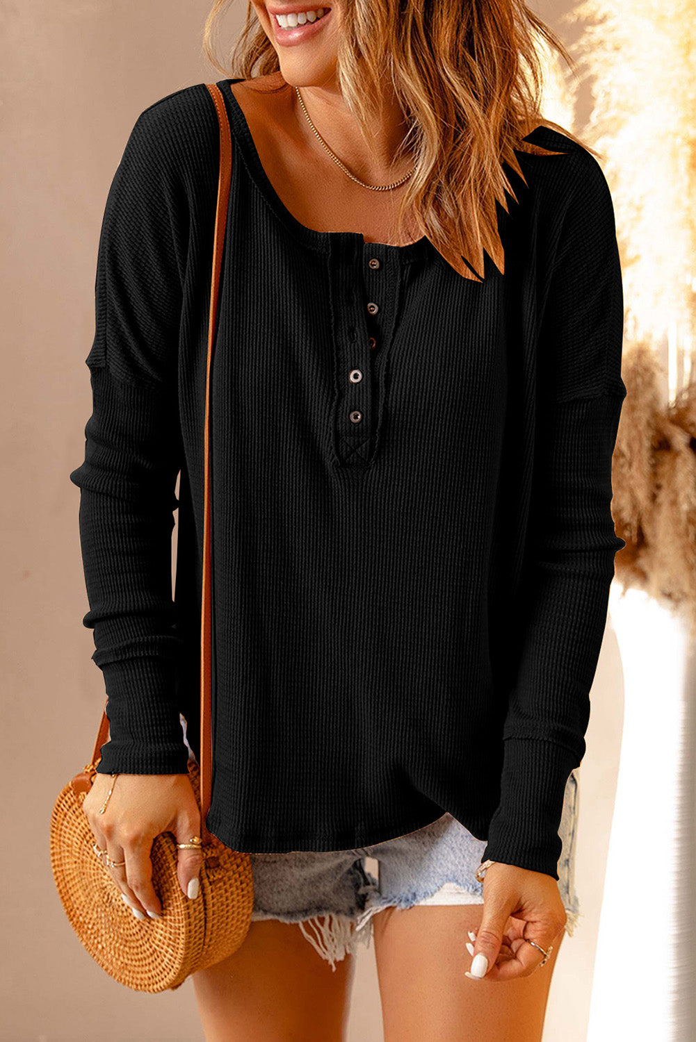 Waffle Knit Henley Top