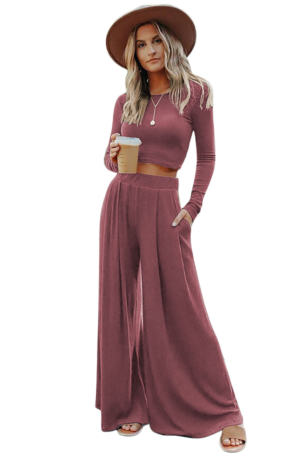 Black Solid Color Ribbed Crop Top Long Pants Set