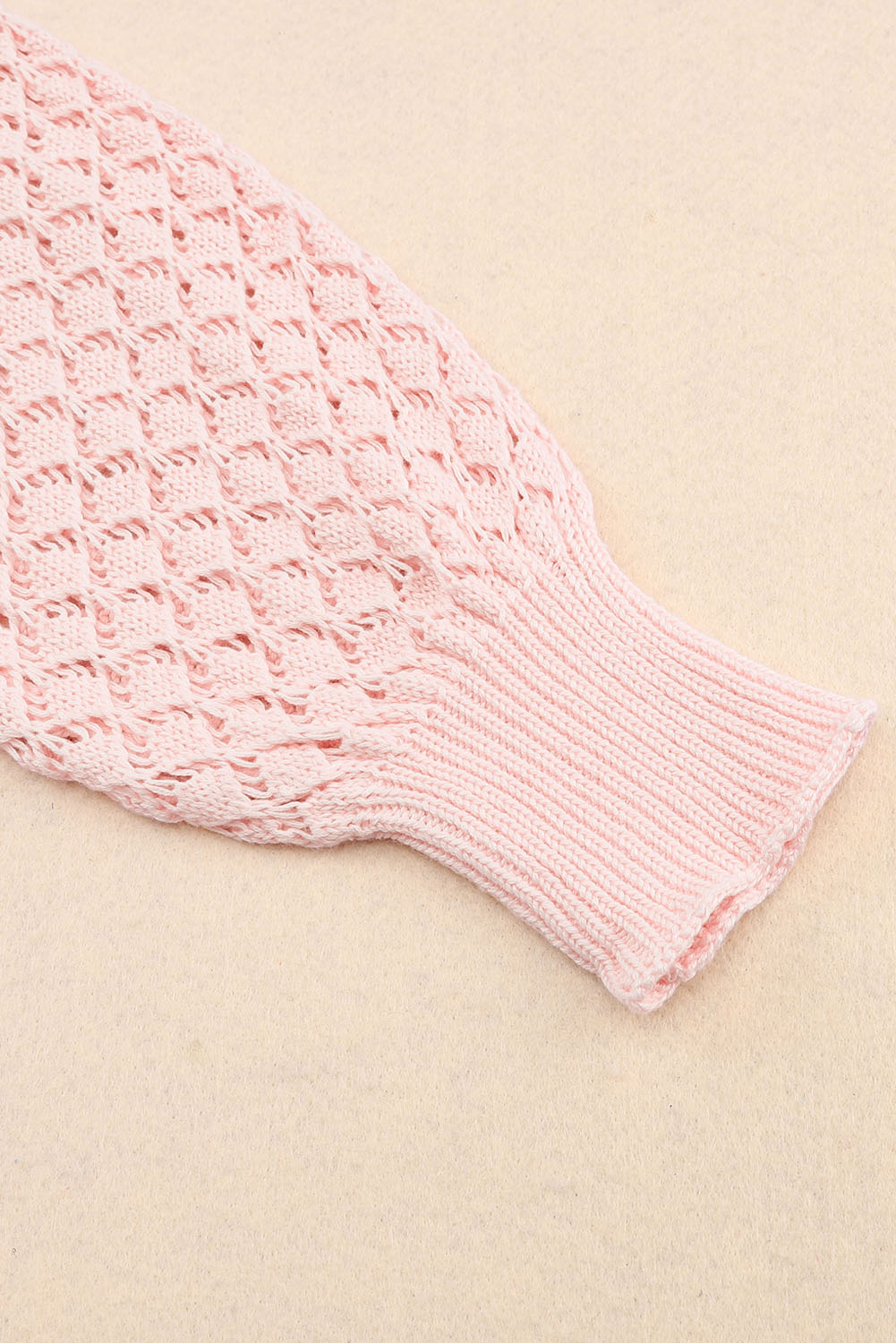 Pink Loose Pointelle Knit Ribbed V Neck Sweater