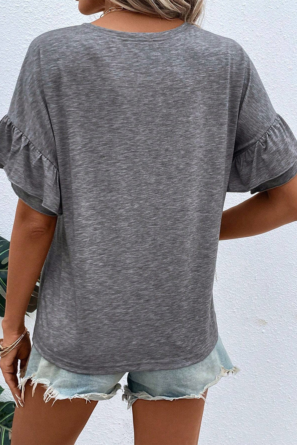 Grey Tiered Ruffle Sleeve Crew Neck Drop Shoulder Top