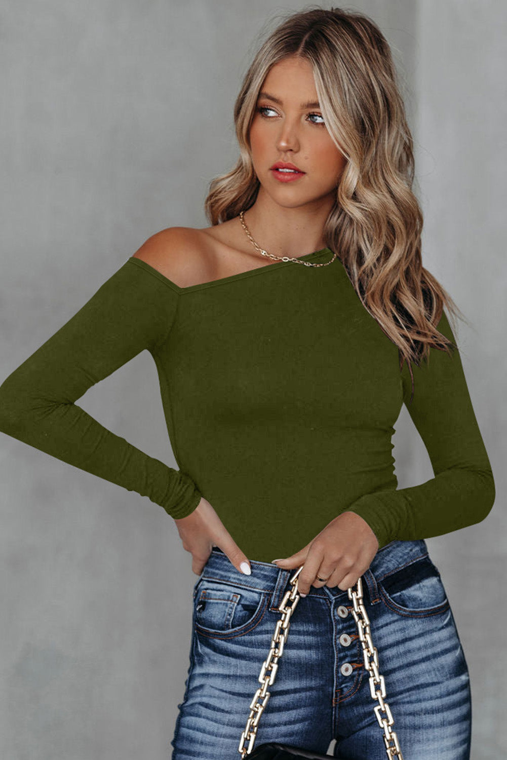 Black Asymmetrical Neckline Long Sleeve Knit Top