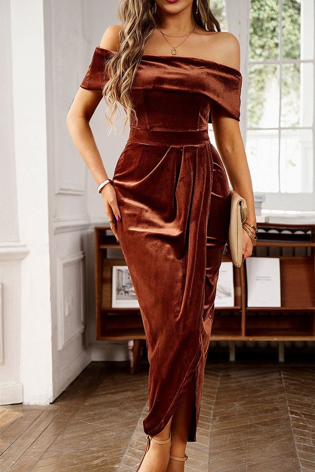 Velvet Off Shoulder Pleated Wrap Evening Dress