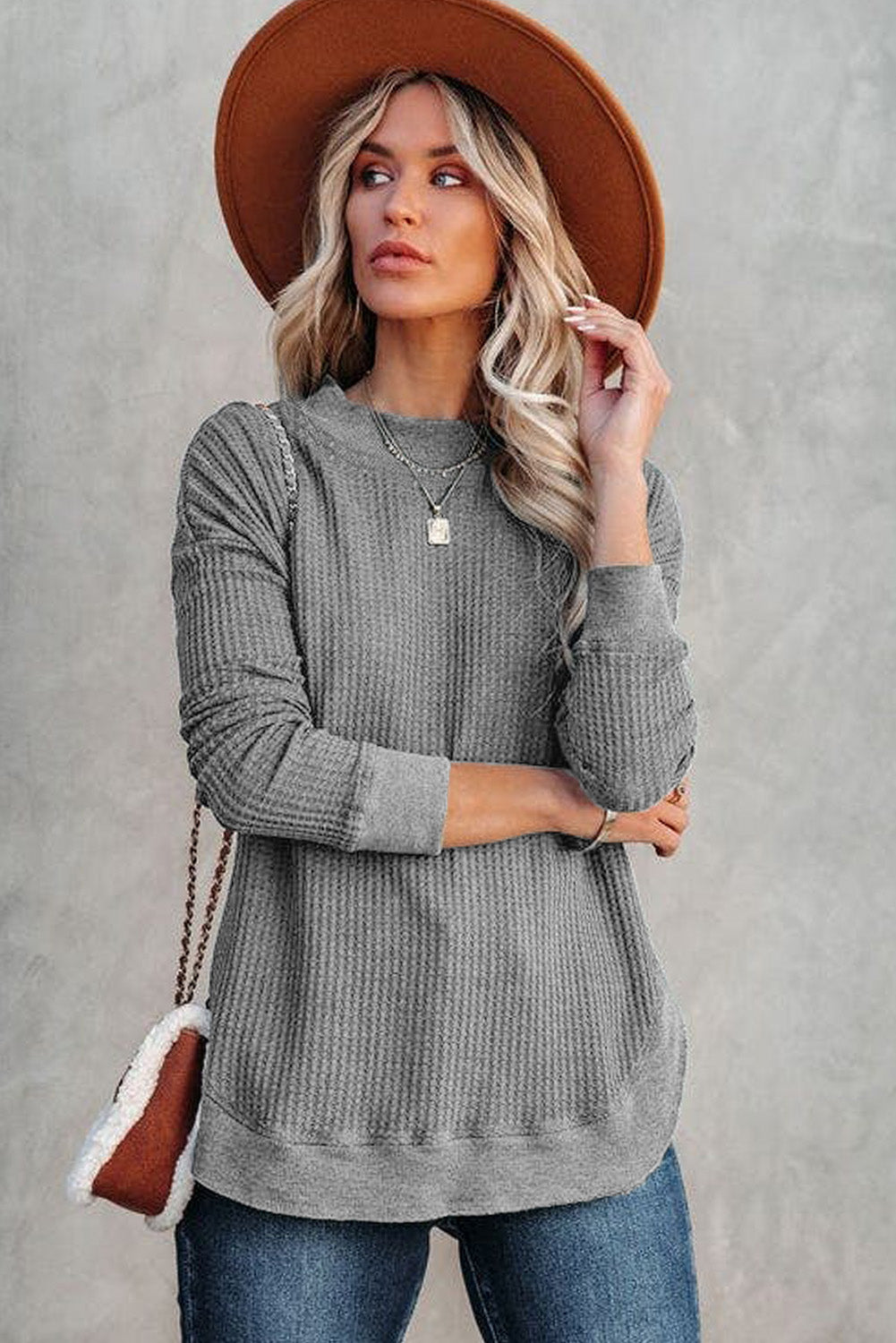 Apricot Crew Neck Ribbed Trim Waffle Knit Top