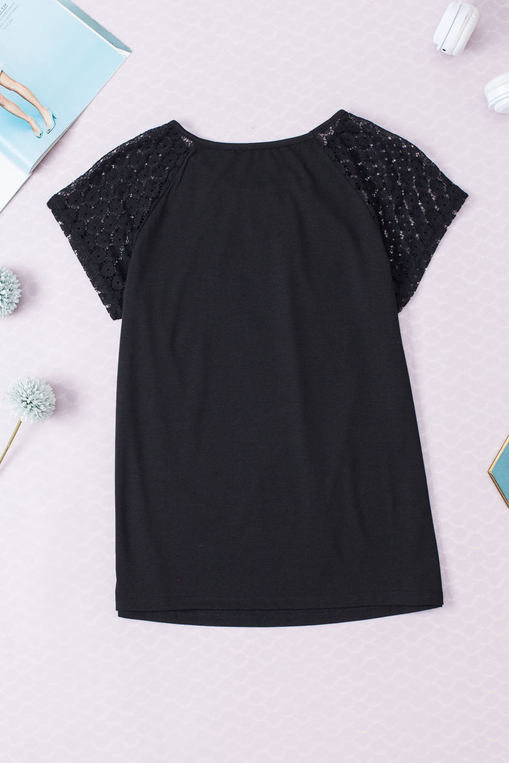 Lace Sleeve Keyhole Decor Top