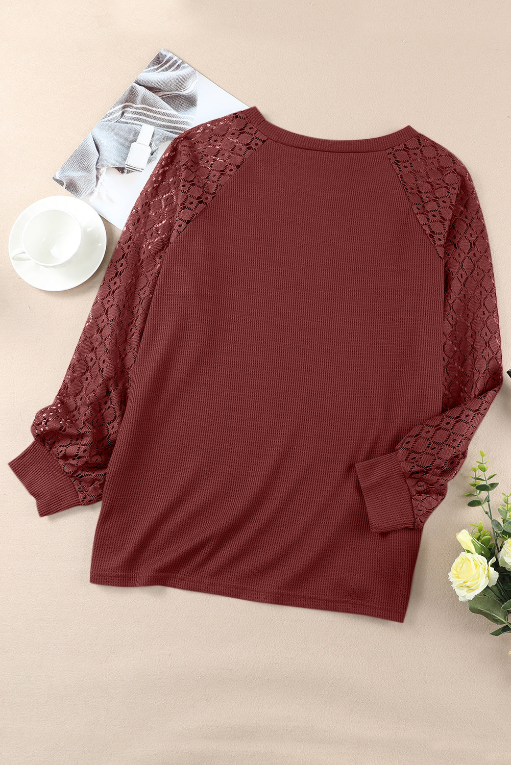 Strawberry Pink Plus Size Contrast Lace Sleeve Waffle Knit Top