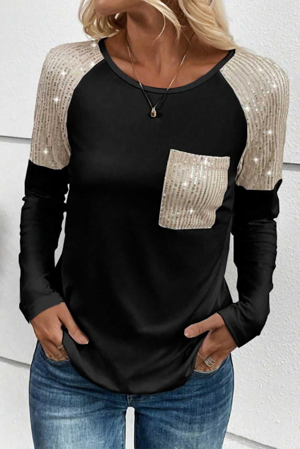 Black Sequin Patch Chest Pocket Raglan Sleeve Top