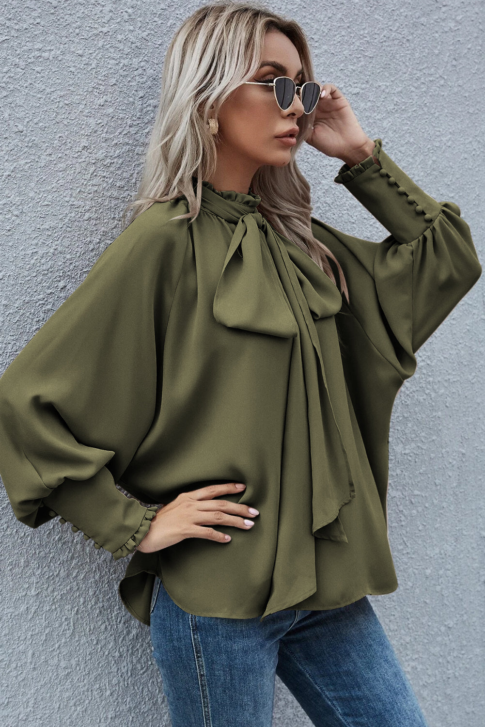 Frilled Knotted Mock Neck Bishop Sleeve Blouse