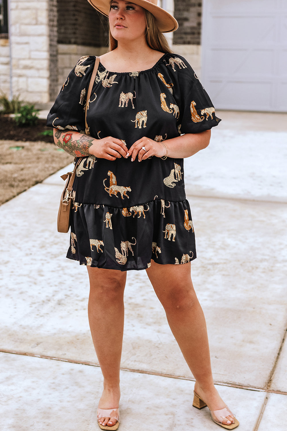 Plus Size Cheetah Print Puff Sleeve Ruffle Mini Dress