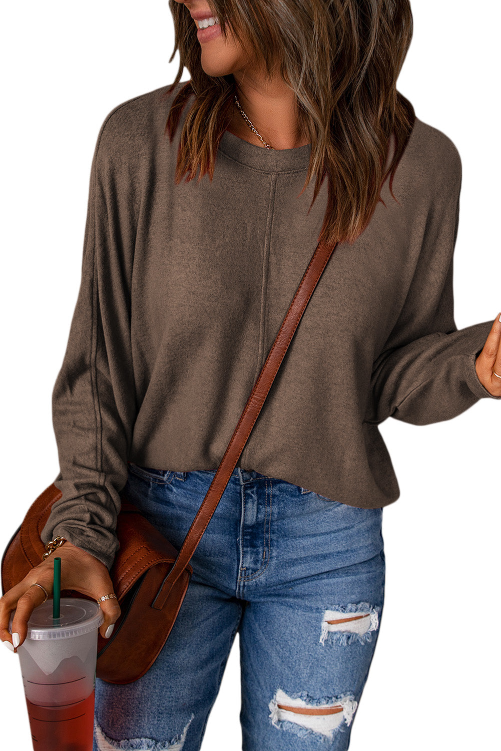 Brown Fiery Solid Color Patchwork Long Sleeve Top