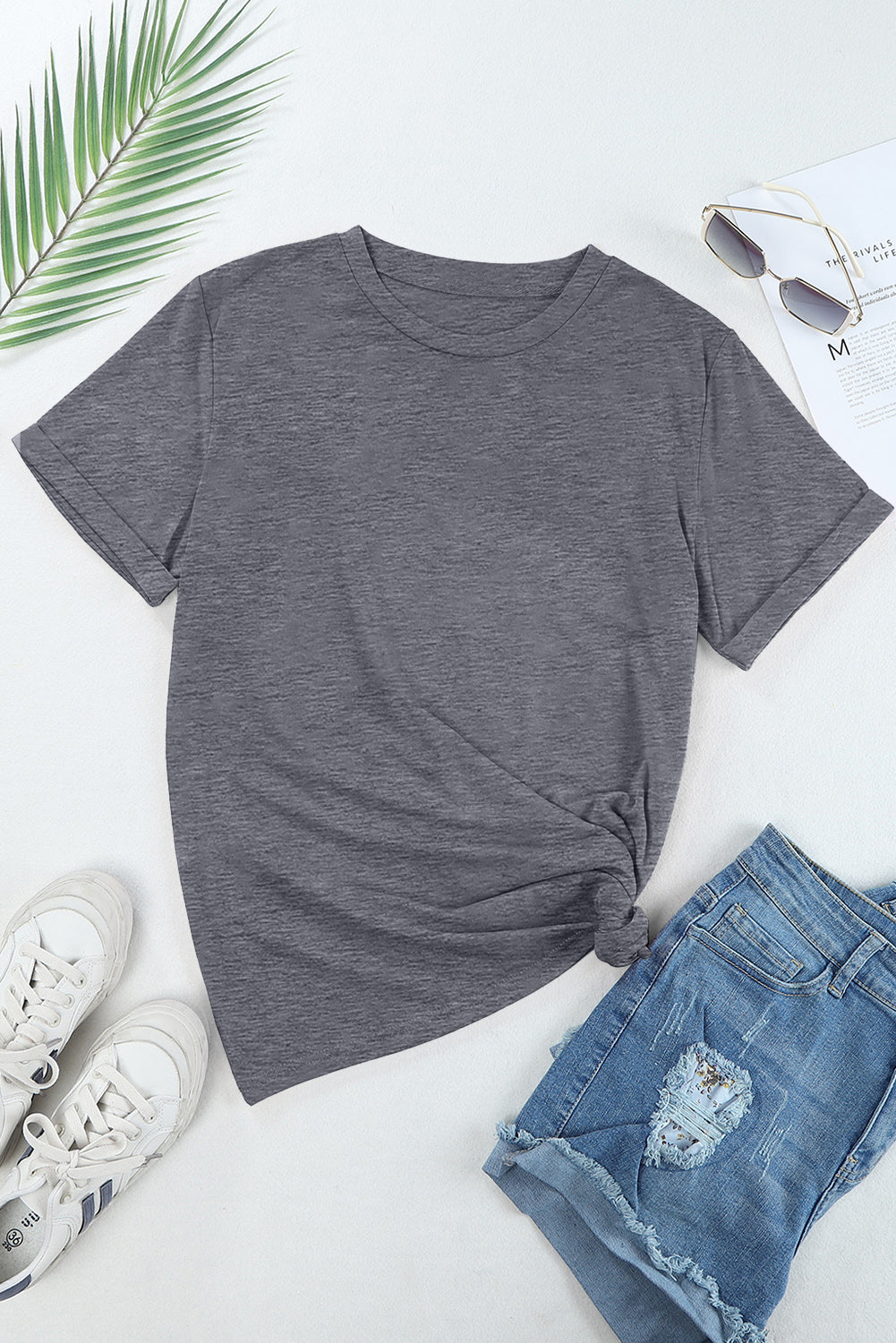 Khaki Casual Plain Crew Neck Tee