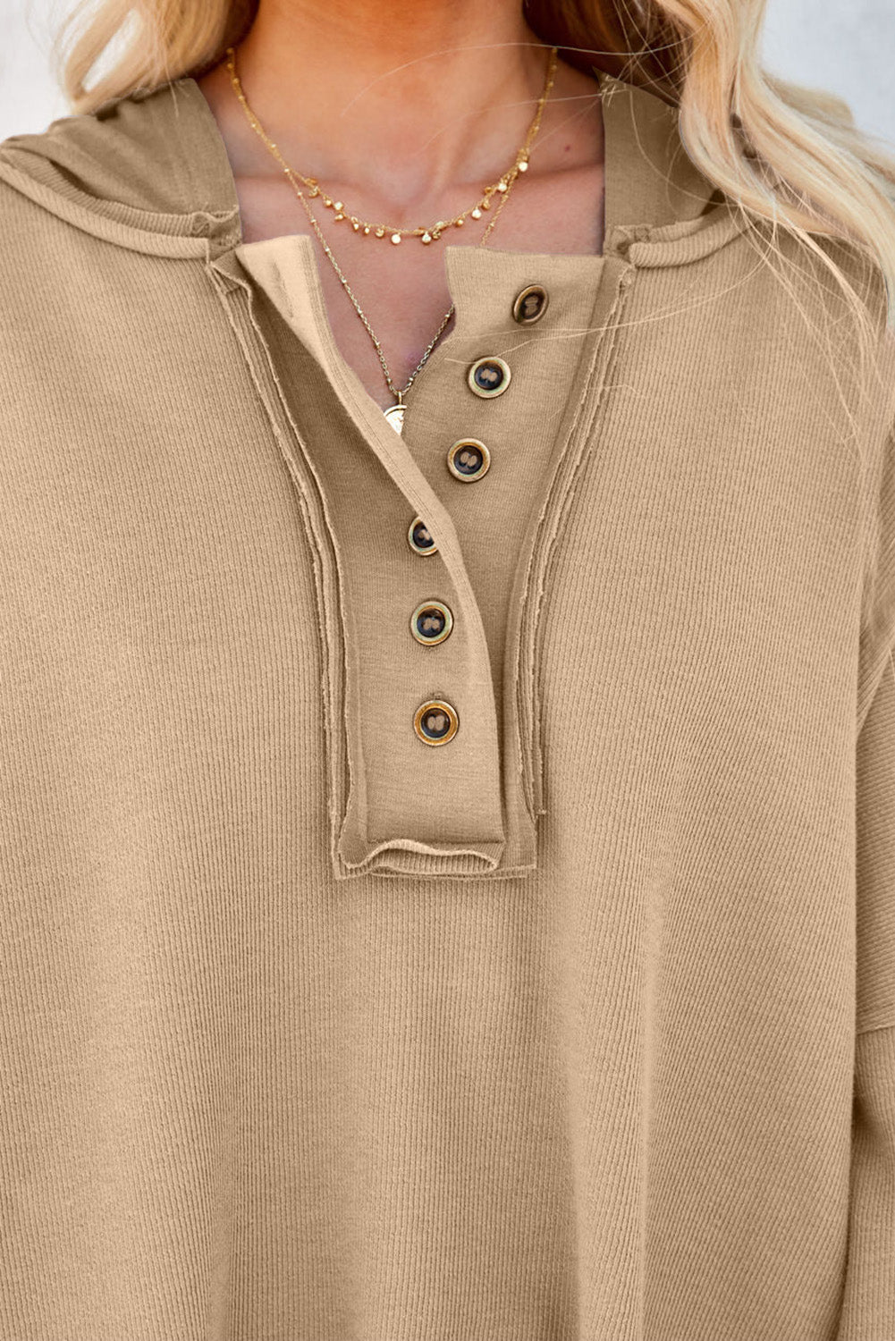 Pink Casual Button Solid Patchwork Trim Hoodie