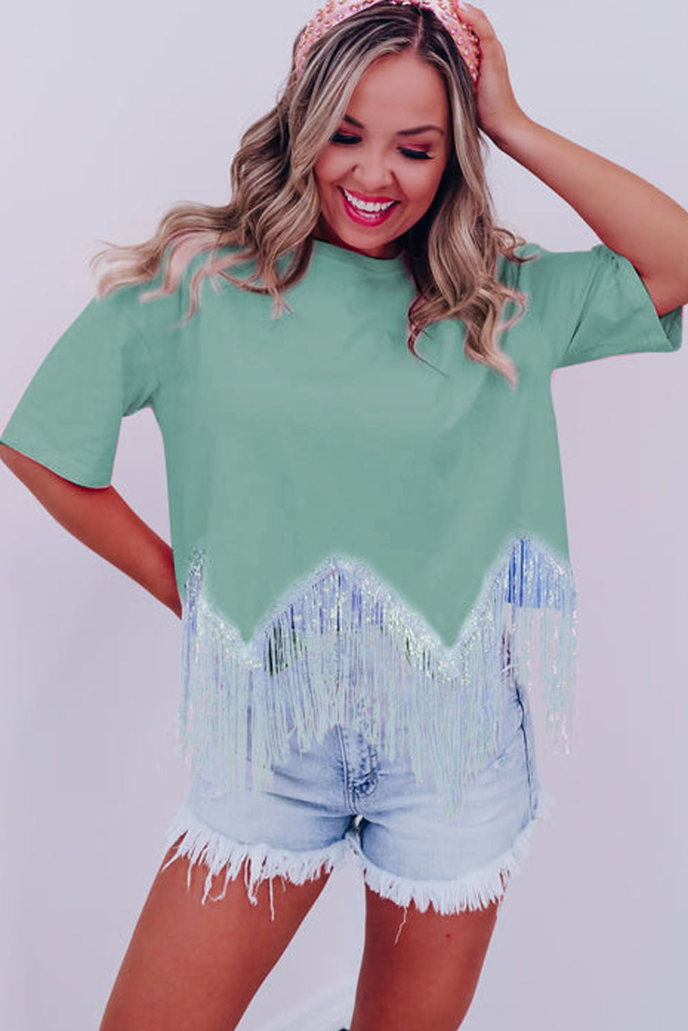 Moonlight Jade Fringed Sequin Crop T-shirt