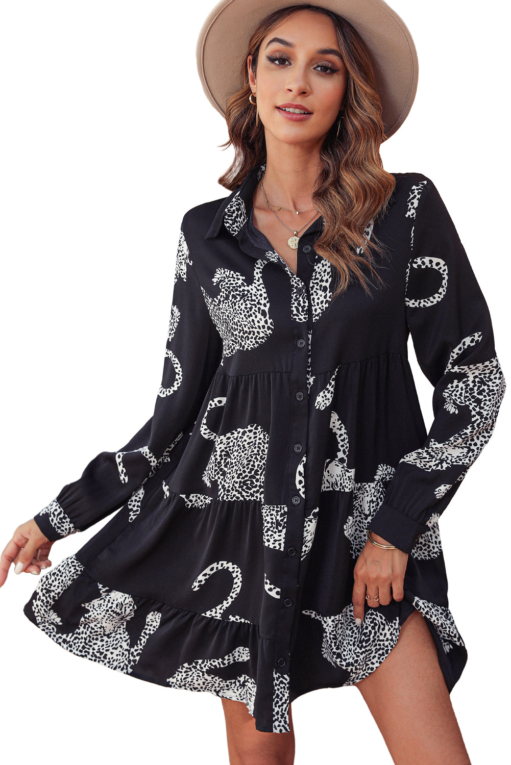 Plus Size Cheetah Print Puff Sleeve Ruffle Mini Dress