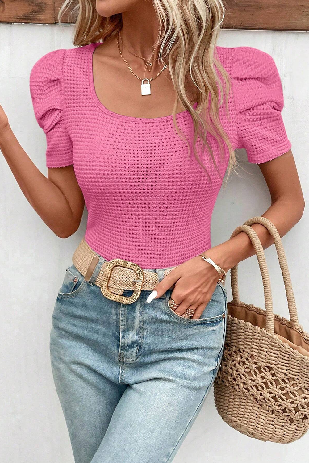 Waffle Knit Ruched Puff Sleeve Top