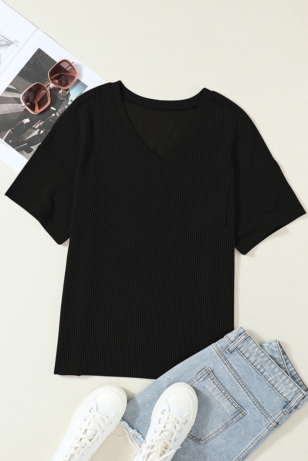 Corded V Neck Chest Pocket Loose T-shirt