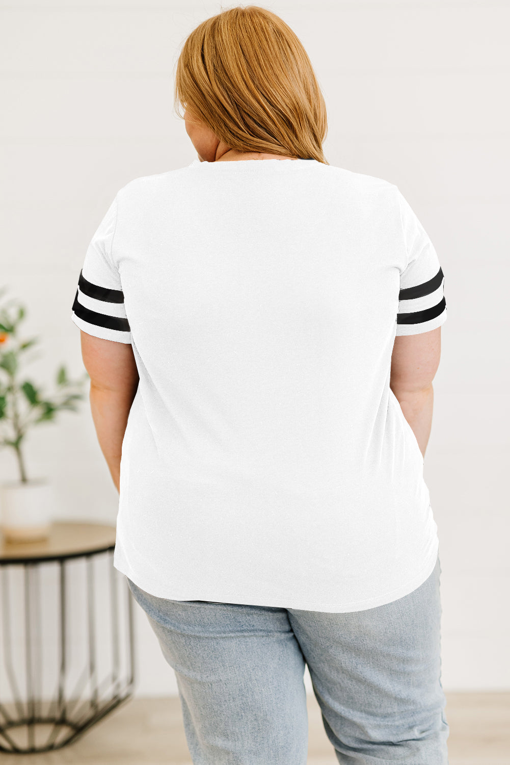 Plus Size Stripes Stitching Sleeve V Neck T-shirt