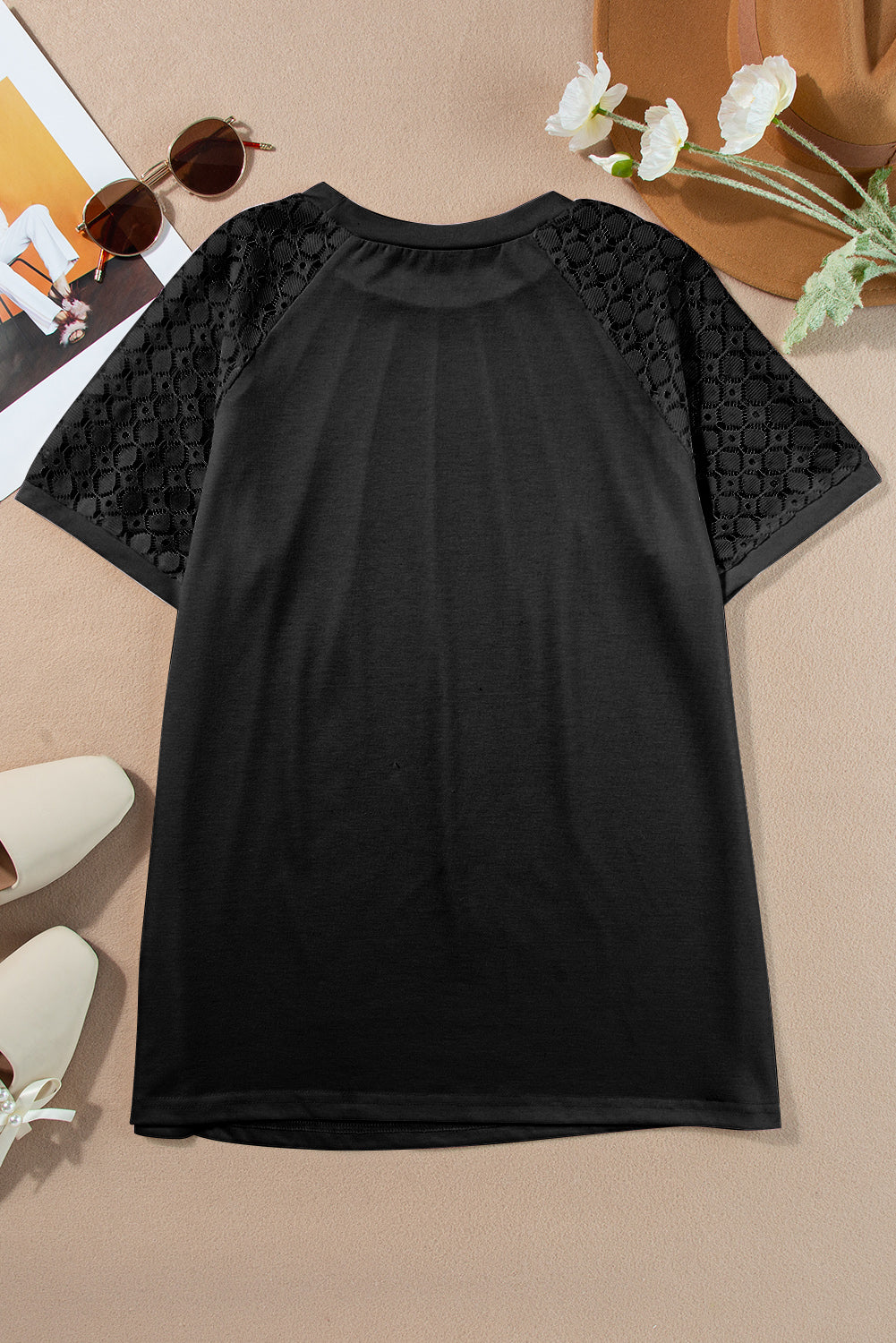 Seamed Detail Contrast Lace Raglan Sleeve Tee