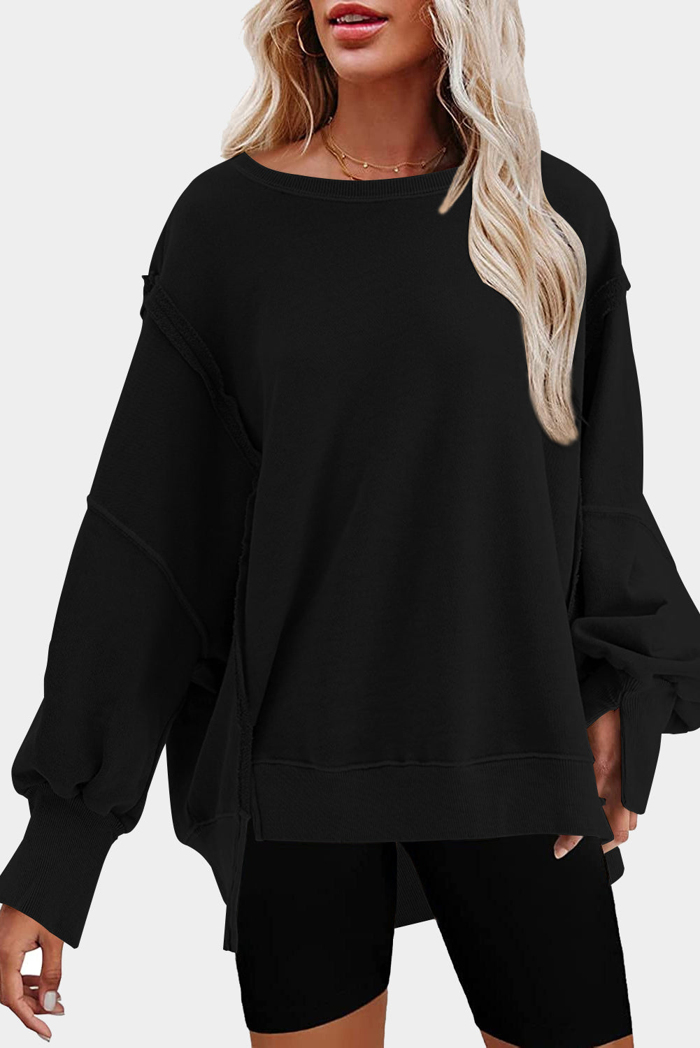 Exposed Seam Drop Shoulder Slit High Low Hem Sweatshirt