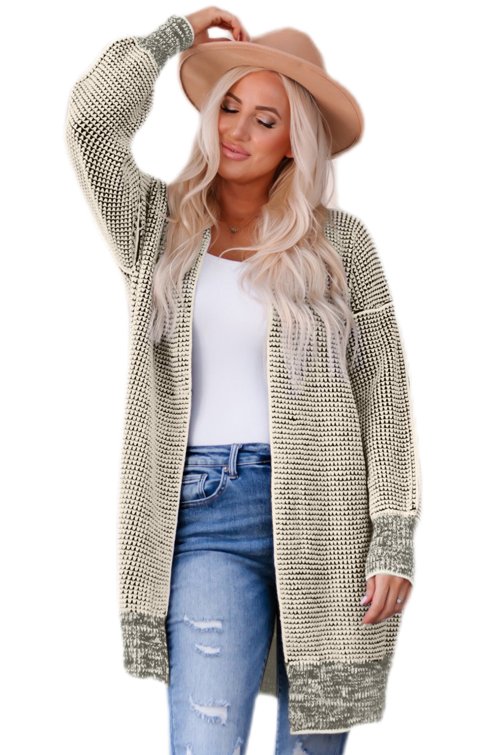 Plaid Knitted Long Open Front Cardigan