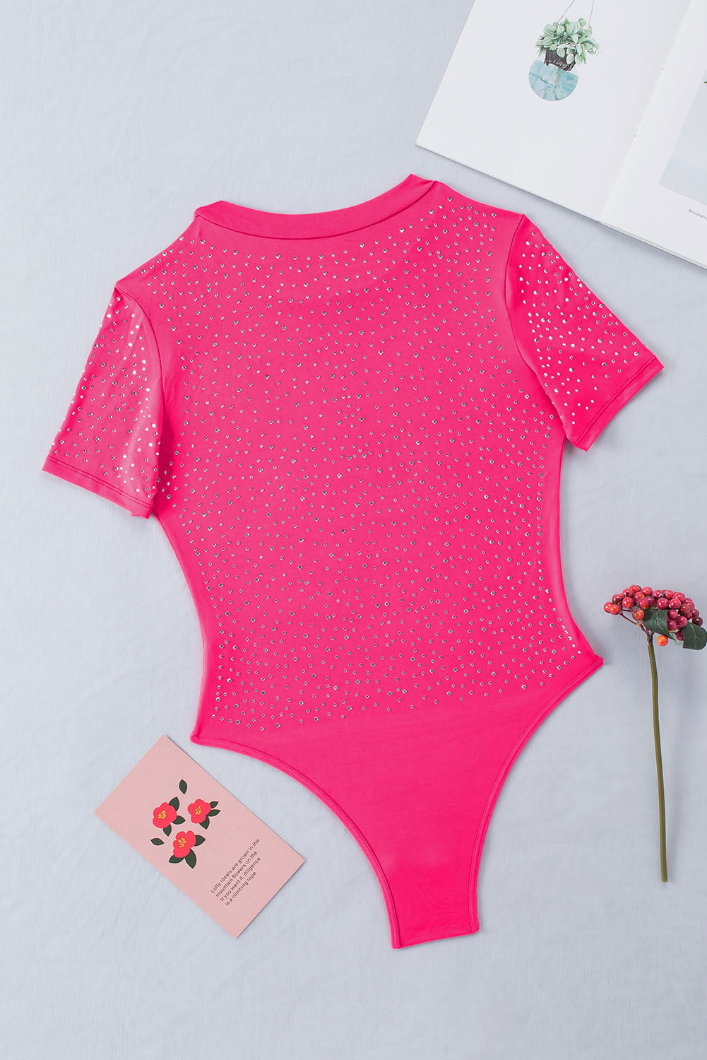 Rose Rhinestone O-neck Long Sleeve Bodysuit