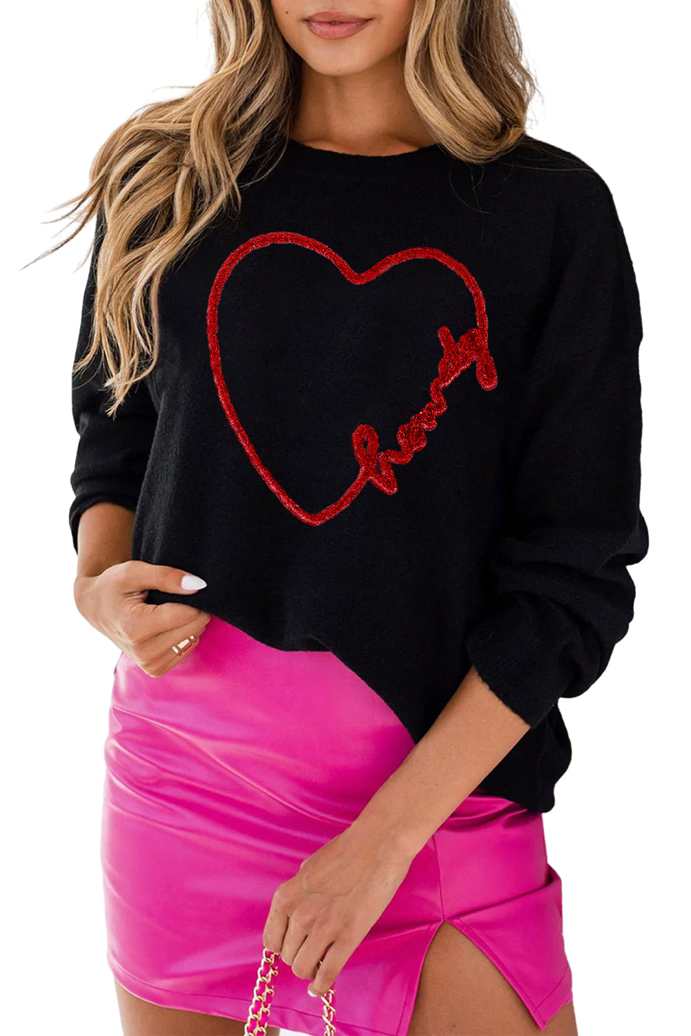 Pink Howdy Heart Graphic Round Neck Casual Sweater