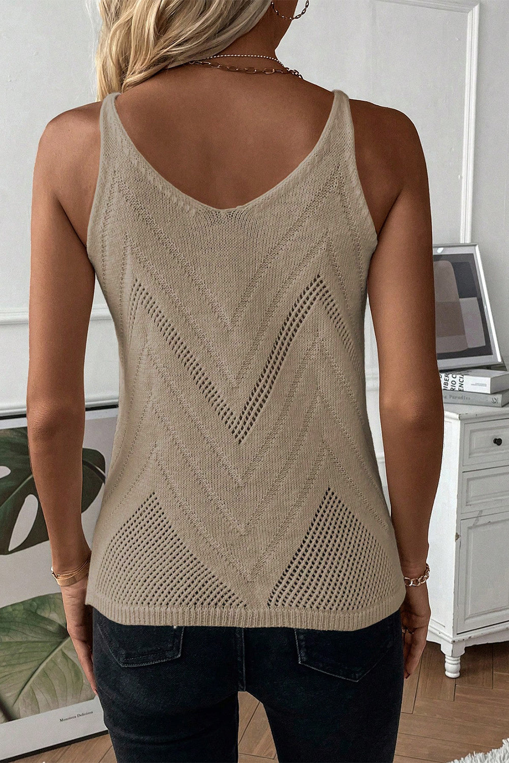 White Chevron Pointelle Knit Spaghetti Straps Sweater Vest