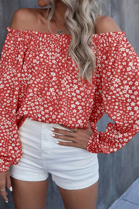 Floral Print Frill Trim Off-shoulder Lantern Sleeve Blouse