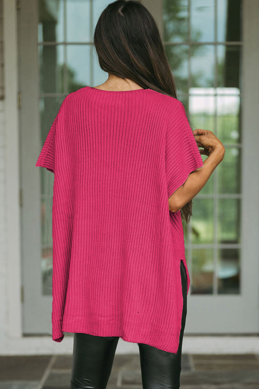 Rose Red Short Sleeve Side Slit Oversized Sweater