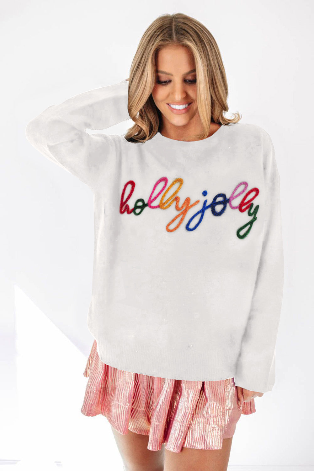 Pink Howdy Heart Graphic Round Neck Casual Sweater