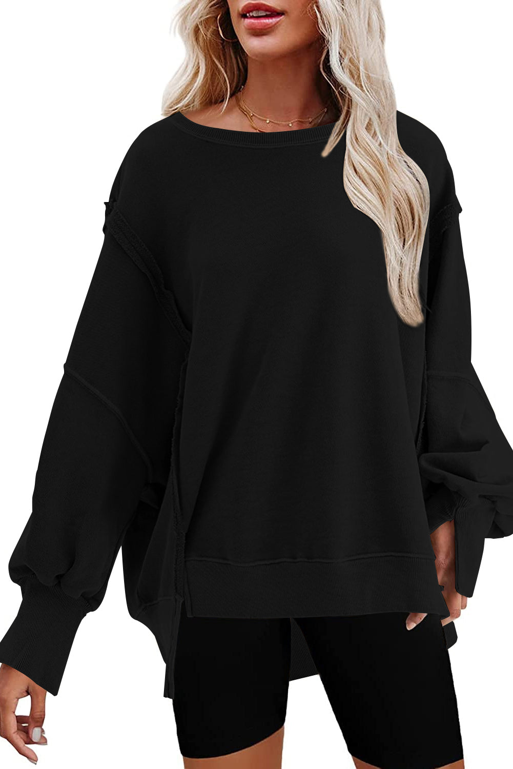 Exposed Seam Drop Shoulder Slit High Low Hem Sweatshirt