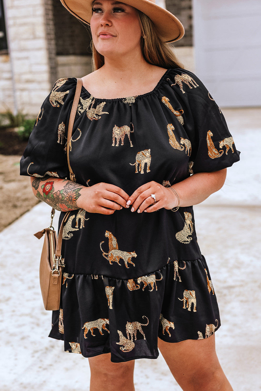 Plus Size Cheetah Print Puff Sleeve Ruffle Mini Dress