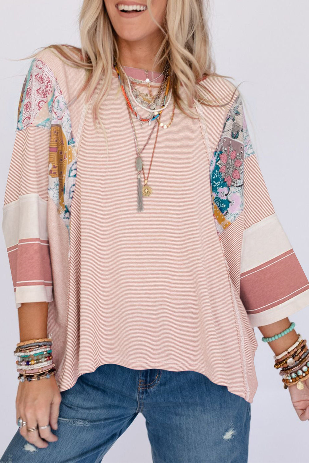 Pink Printed Pinstriped Color Block Patchwork Oversized Top