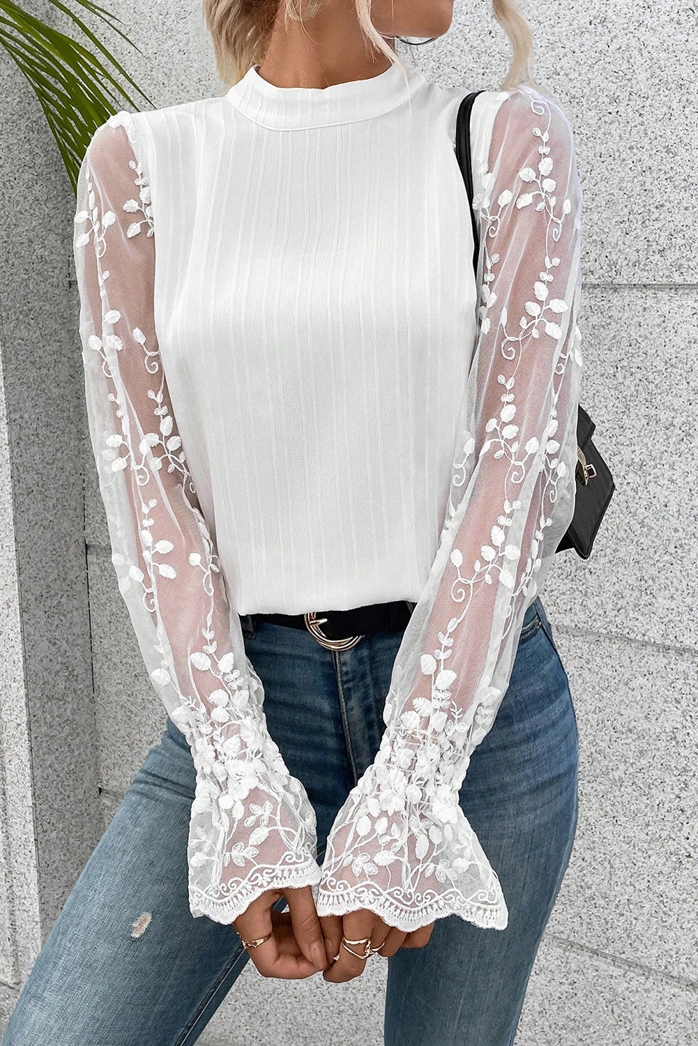 Contrast Lace Sleeve Mock Neck Textured Blouse