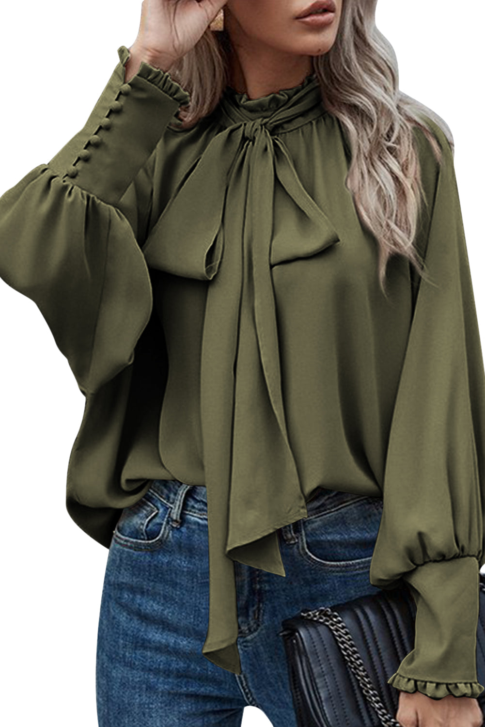 Frilled Knotted Mock Neck Bishop Sleeve Blouse